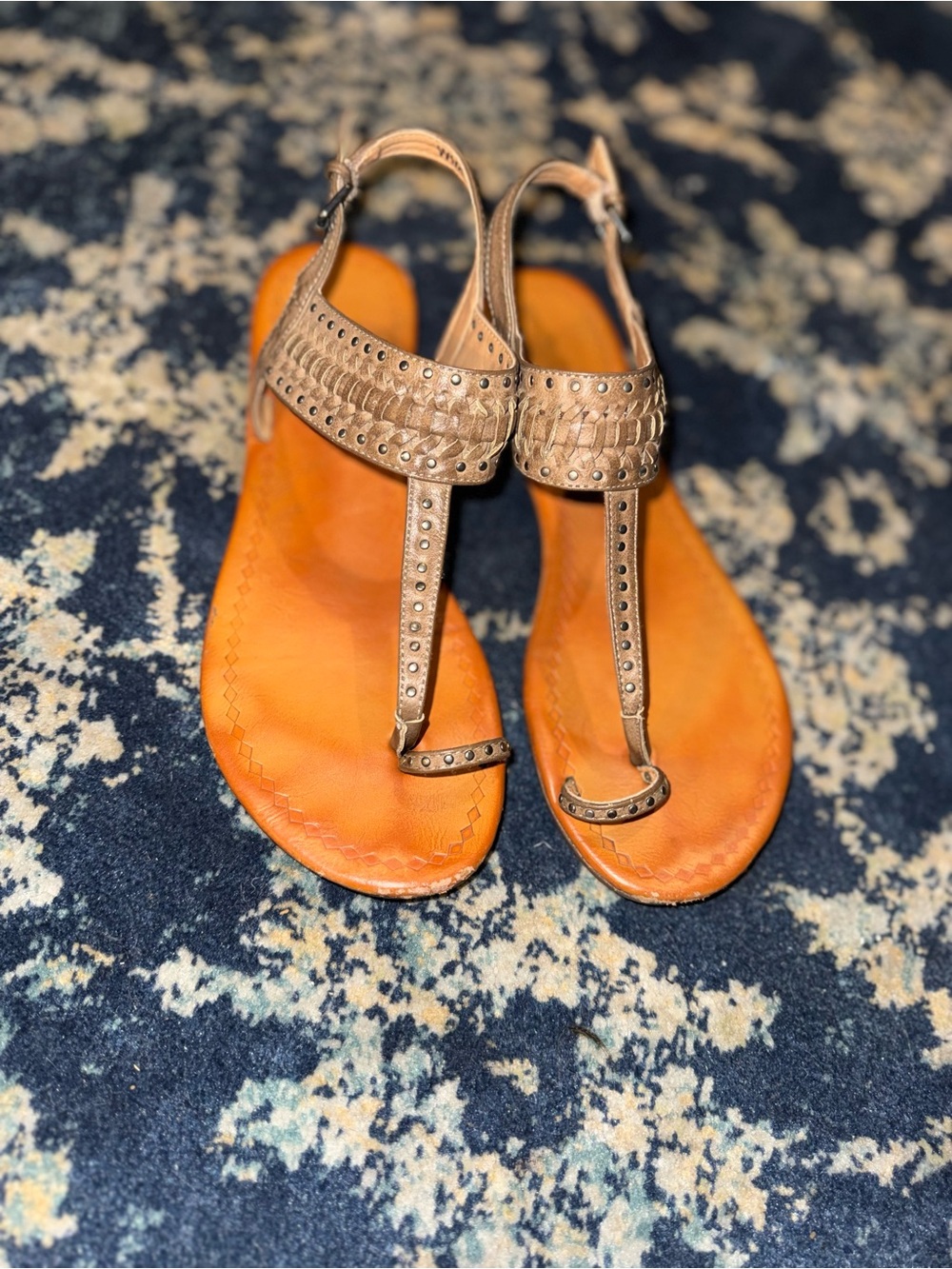 Women's Tan T-Strap Studded Leather Sandals